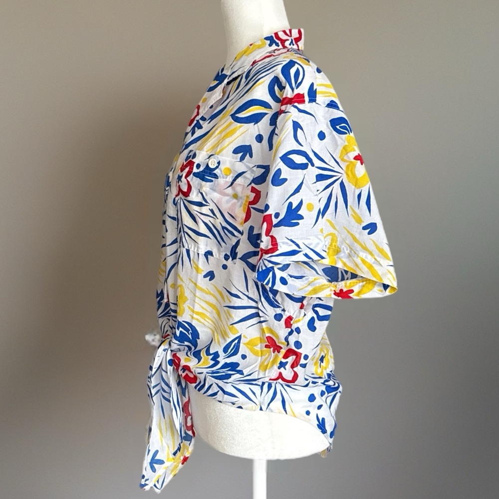 David Matthew Vtg 80s Resort Tropical Floral Button-Up Tie-Front Shirt Size 14 - Picture 6 of 13